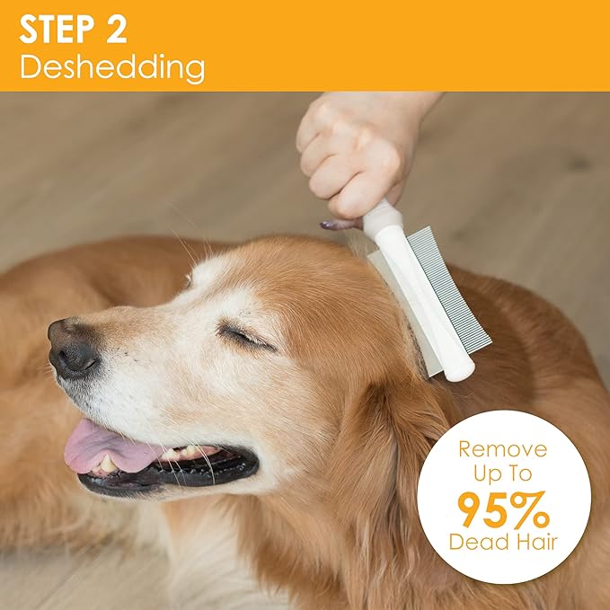 2 in 1 Dog & Cat Deshedding Brush & Grooming Comb, Double Sided Professional Brush for Short Medium or Long Hair, Effectively Remove Dead & Floating Hair