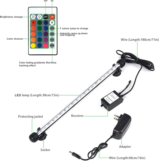 LED Aquarium Lights, Underwater Fish Tank Light RGB Waterproof Color Changing Submersible 16 Color 4 Modes Brightness Adjustable Memory Function Sucker Hang Lighting Strip, 15 inch
