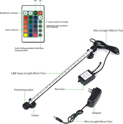 LED Aquarium Lights, Underwater Fish Tank Light RGB Waterproof Color Changing Submersible 16 Color 4 Modes Brightness Adjustable Memory Function Sucker Hang Lighting Strip, 15 inch