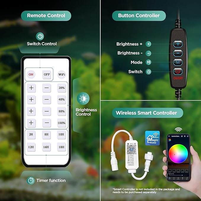 Lominie LED Aquarium Light, Full Spectrum Coral Reef Light, Remote Control Dimmable Fish Tank Lamp, Clip-on Saltwater Aquarium Light