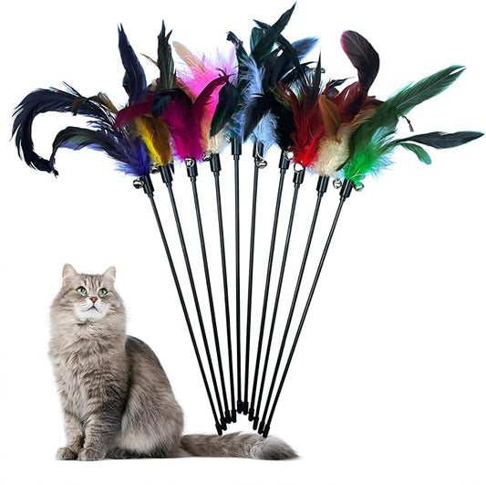 10-Pack Cat Feather Wand Toys with Bell, Natural Feather Interactive Teaser for Indoor Kittens Friendly Cat Toy