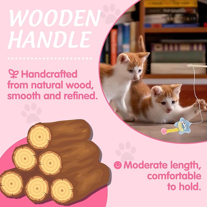 Elastic Cat Wand Toy Funny Interactive Plush Cat Fishing Pole Toy with Bell Soft Natural Wood Kitten String Toys for Indoor Cats Kittens Bored Cats (3 Pack)
