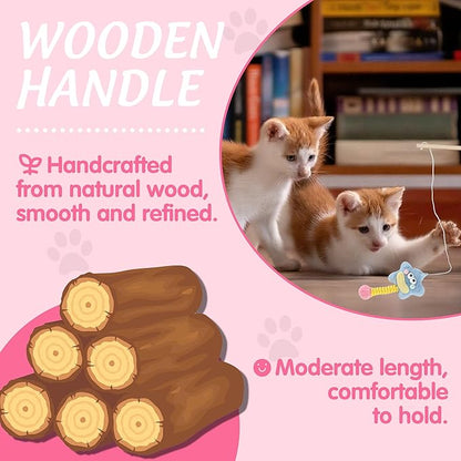 Elastic Cat Wand Toy Funny Interactive Plush Cat Fishing Pole Toy with Bell Soft Natural Wood Kitten String Toys for Indoor Cats Kittens Bored Cats (3 Pack)
