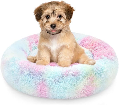 NOYAL Calming Donut Dog Bed for Small to Medium Dogs & Cats - Plush Faux Fur Anti-Anxiety Pet Bed with Machine Washable Cover & Non-Slip Base