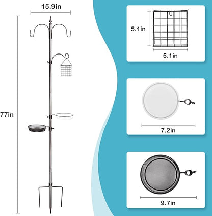 Bird Feeder Stand Pole,77 Inch Feeding Station Kit for Outside, Wild Bird Feeder Hanging Kit with Metal Suet, Bird Bath and Mesh Tray, 3-Prong Base