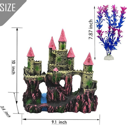 Aquarium Castle Decorations, Resin Castle for Fish Tank with Randomly Color Plants Decor Accessories for Freshwater and Saltwater Fish Tanks (Pink)