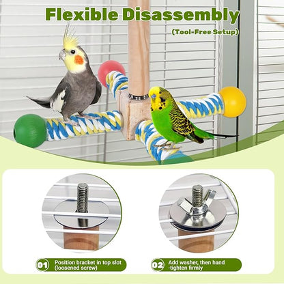 Bird Perch Toy, Parrot 360° Interactive Rotating Toy for Parakeets - Natural Wood & Cotton Rope, Detachable Interactive Bird Toy, Chewable Design Reduces Boredom Anxiety for Small Birds