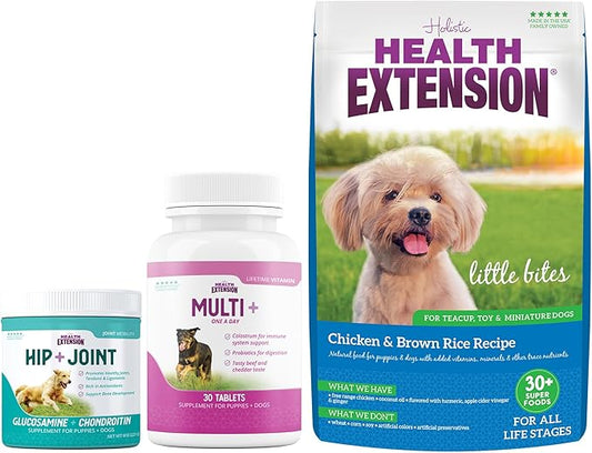 Health Extension Dog Health and Nutrition Bundle - Multivitamin (30 Tablets), Little Bites Dry Dog Food Chicken & Brown Rice Recipe (4 Lbs), Joint & Hip Supplement Cheese Flavored Powder (16oz)