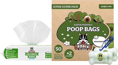 Pogi's Dog Walk n' Wipe Combo - Pogi's 750 Unscented Dog Poop Bags + 2 Poop Bag Holders and 100 Plant-based Grooming Wipes Bundle