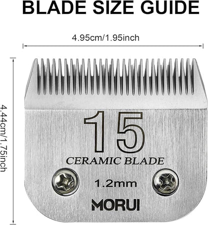 15 Cut Length 3/64"(1.2mm) Detachable Ceramic Pet Dog Clipper Blades Compatible with Most Andis,Oster A5 Wahl KM Series Clippers