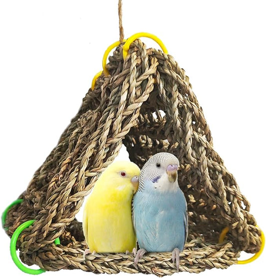 Tfwadmx Large Bird Seagrass Hammock Tent, 3Pcs 9.8x9.8in Seagrass Mat for Birds, Hanging Parrot Toys, Counre House Hut Hideout for Parakeets, Lovebirds, Budgies, Cockatiels