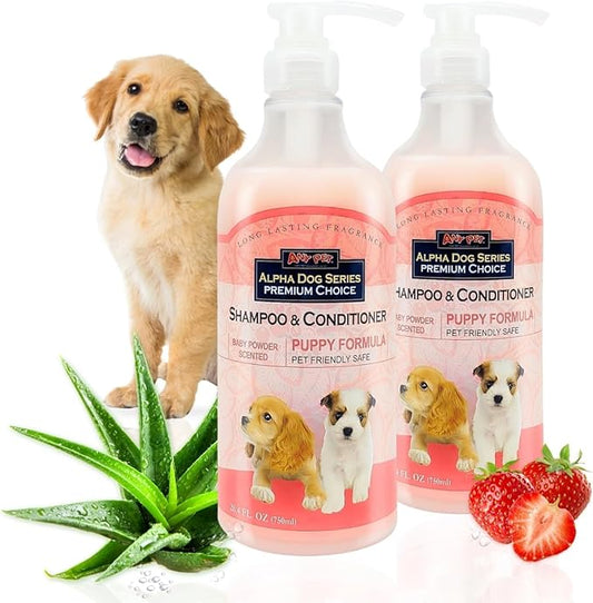 Alpha Dog Series Natural Puppy Shampoo and Conditioner Tear Free with Aloe Vera, pH-Balanced Shampoo for Puppies, Tearless Dog Shampoo and Conditioner, Puppy Wash Sensitive Skin 26.4 Oz (Pack of 2)