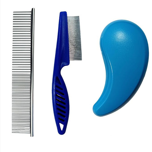 3 PCS Puppy Brush Grooming Kit, Stainless Steel Flea Comb, Fit for Yorkie, Shih Tzu, Maltipoo, Soft Bristle (Blue)