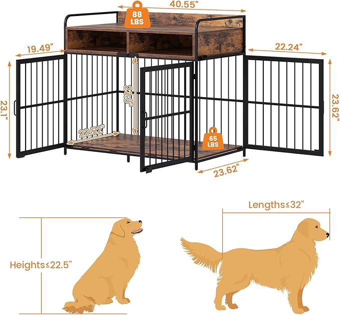 Semoic Large Dog Crate Furniture with Drawers Storage, Puppy Dog Kennel Indoor with Double Doors, Heavy Duty Wooden Dog Cage Table, Sturdy Metal, Rustic Brown
