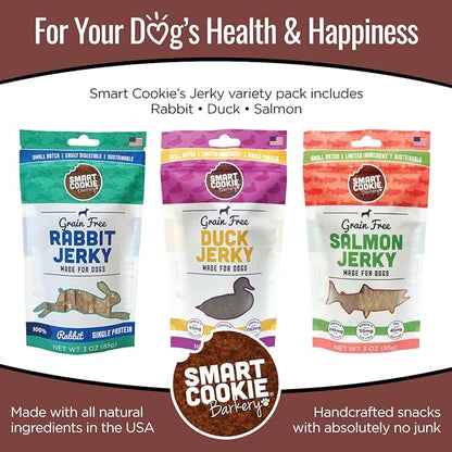 Smart Cookie Jerky Dog Treats - 3 Flavor Variety Pack - Rabbit, Salmon & Duck Jerky Dog Treats - Training Treats for Dogs, Puppies with Allergies, Sensitive Stomachs - Grain Free, Made in USA - 3oz