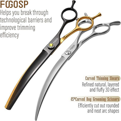 45°Curved Dog Grooming Scissors Curved Thinning Shears 2PCS Combo(Black&Gold)