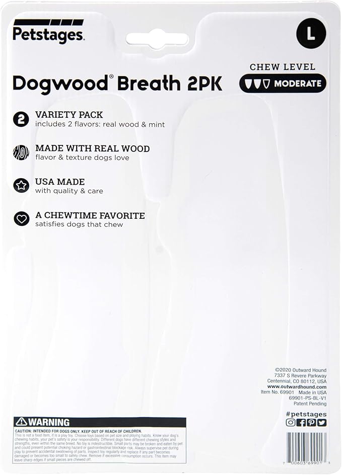 Petstages Dogwood Wood Durable Dog Chew Toys, Real Wood & Mint, 2-Pack, Large