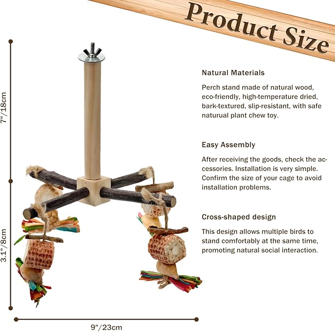 2-Pack 360° Rotating Parrot Perch Toy with Chew Toy, Natural Wooden Perch Stand, Bird Cage Accessory with Exercise Wheel for Small & Medium Birds Like Parrot Finches Muscicapidae etc, US