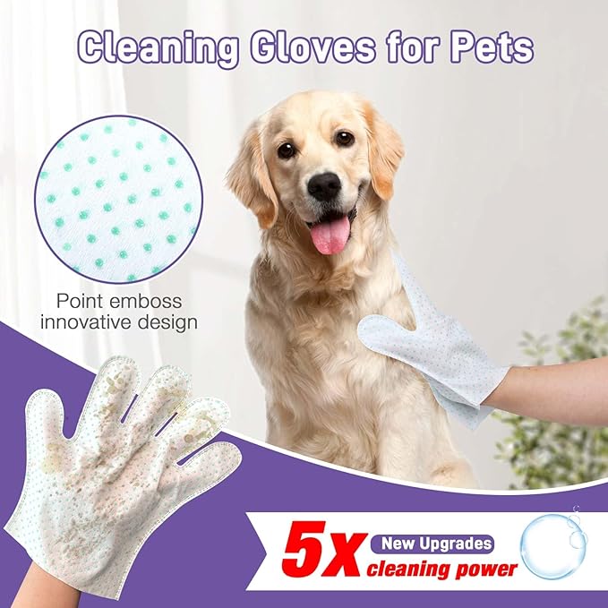 Dog Wipes 15 PCS Pet Cleaning and Deodorizing Bath Wipes for Dogs & Cats Rinse Free Grooming Gloves for Paws, Butt, Face and Fur