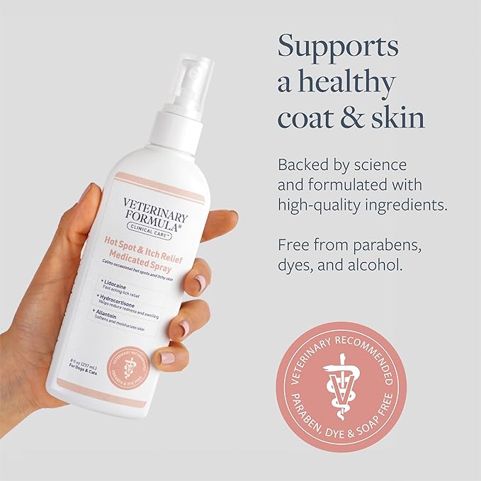 Veterinary Formula Clinical Care Hot Spot & Itch Relief Medicated Spray, 8oz  Easy to Use Spray for Dogs & Cats  Helps Alleviate Sensitive Skin, Scratching, and Licking of Coat (1 Pack)