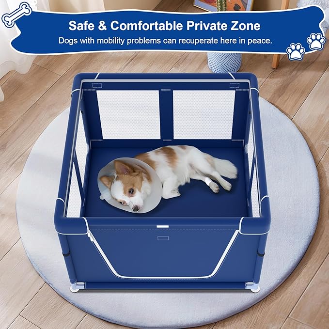 42x42x26 Inches Puppy Playpen with Gate, Small Dog & Puppy Playpen for Indoor & Outdoor, Sturdy Safety Dog Crate with Durable Mesh Windows, Blue