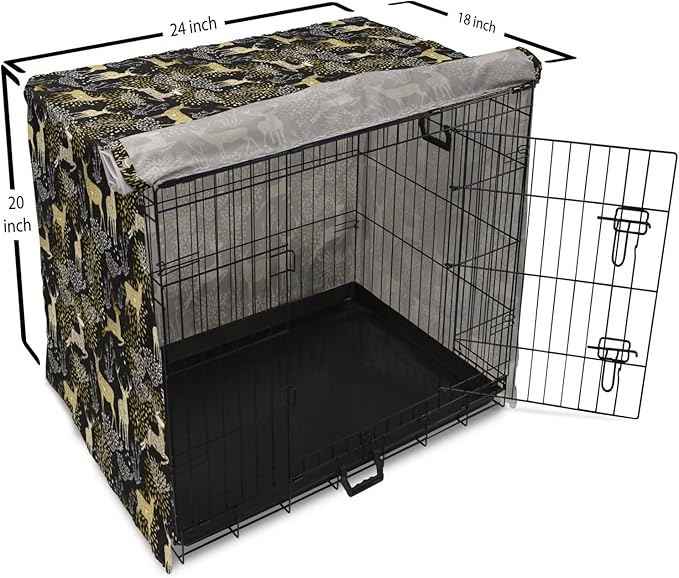 Ambesonne Christmas Dog Crate Cover, Nature Woodland and Deer Silhouettes with Oriental Ornaments Design, Easy to Use Pet Kennel Cover for Cats & Medium Dogs, 24 Inch, Yellow White Black