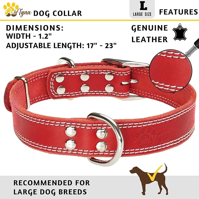 ADITYNA Heavy Duty Red Leather Dog Collar for Large Dogs - Soft and Strong Leather Dog Collar for Walking and Training