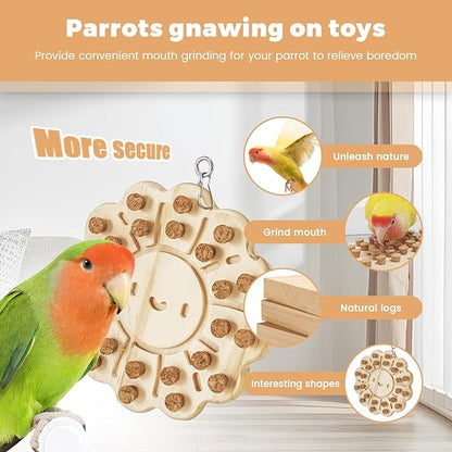 Bird Chew Toy – Wooden Foraging Puzzle Toy with Cork Stoppers, Hanging Bird Cage Toy for Parrots, Conures, Budgies, Cockatiels, Macaws, Finches, and Small to Medium Birds(Pizza)
