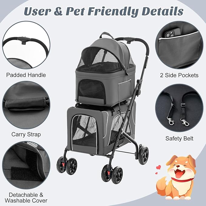 Double Dog Stroller, Foldable 3-in-1 Cat Stroller with 2 Detachable Carriers, Safety Belt, Washable Cover, Removable Pads, 4 Wheels Travel Pet Stroller for Small Medium Dogs (Grey)