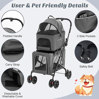 Double Dog Stroller, Foldable 3-in-1 Cat Stroller with 2 Detachable Carriers, Safety Belt, Washable Cover, Removable Pads, 4 Wheels Travel Pet Stroller for Small Medium Dogs (Grey)