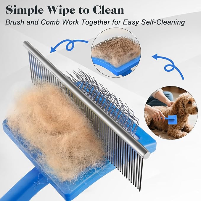 2PCS Slicker Brush for Dogs & Pet Comb,Professional Dog Grooming Brush (Goldendoodles,Poodles,Labradoodles) with Extra Long Pins to Effectively Remove Tangles, Knots and Mats-Pet Supplies(Large,Blue)