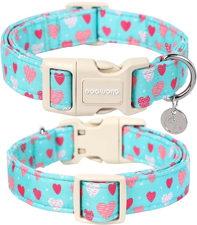 DOGWONG Valentine's Dog Collar - Blue Heart Adjustable Cotton Heart Dog Collar - Perfect for Small, Medium, Large Dogs