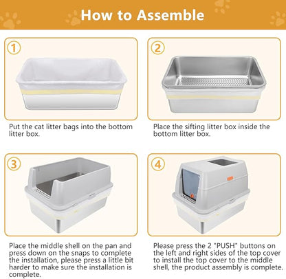 ELEGX Pine Litter Sifting Cat Litter Box, 4-in-1 Cat Metal Litter Box Set,Enclosed Removable Metal Litter Box with Screen Mesh,High Sided Enclosure,Mat & Scoop (Grey)