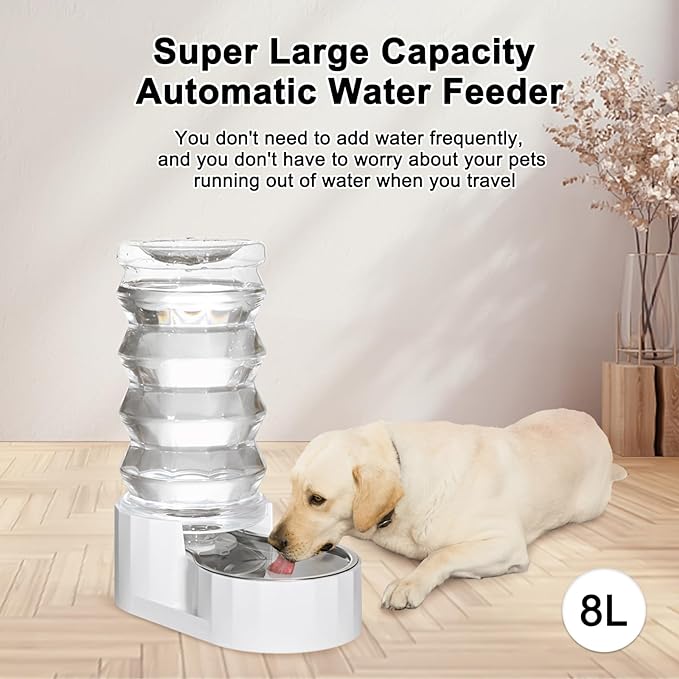 RIZZARI Large Gravity Water Dispenser: 8L Automatic Dog Water Feeder with Stainless Steel Bowl for 20-35 LB Senior Pets with Spinal Problems - for Kitchen Living Room