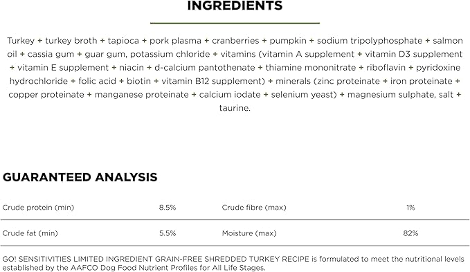 Go! Solutions Sensitivities Limited Ingredient, Grain-Free Wet Dog Food, Shredded Turkey Recipe for Sensitive Stomach, 12.5 oz