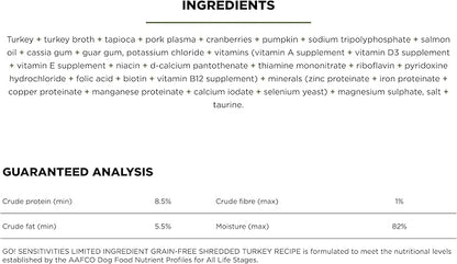 Go! Solutions Sensitivities Limited Ingredient, Grain-Free Wet Dog Food, Shredded Turkey Recipe for Sensitive Stomach, 12.5 oz