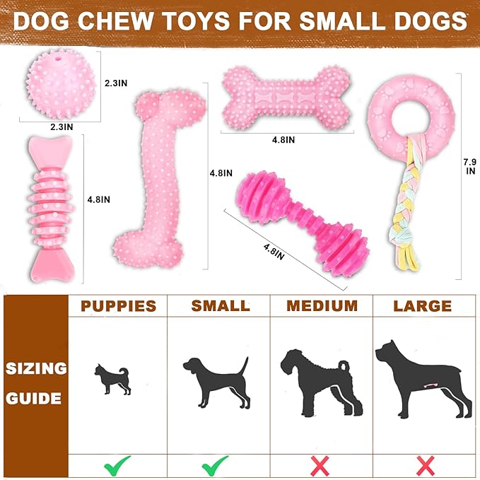 Puppy Toys, 6 Pack Dog Chew Toys for Puppy, Cute Pink Small Dog Toys, Teething Toys for Puppies, Soft Durable Interactive Chew Toy for Small Dogs