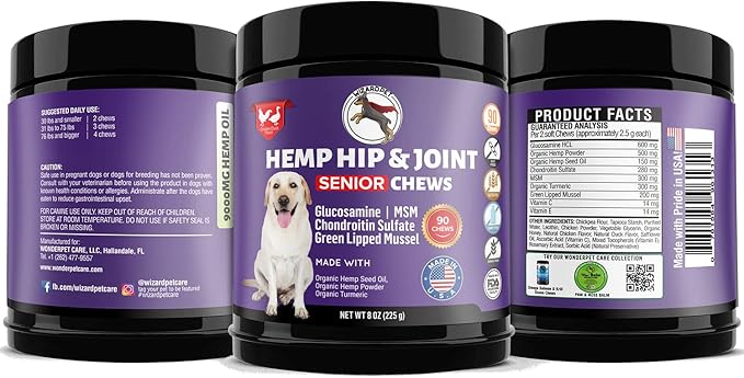 Mobility Hemp Oil Hip & Joint Supplement for Senior Dogs Chondroitin Glucosamine MSM Turmeric Green Lipped Mussel Extra Strength Formula for Dog 90 Chews