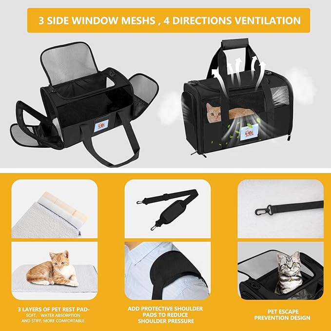 Cat Carrier, Dog Carrier, Pet Carriers Airline Approved for Kitten Small Dogs Carriers for Small Medium Under 15lbs, Collapsible Soft Sided Cat Carrier, Black
