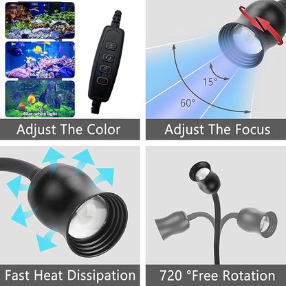 Aquarium Focus Light for Open Fish Tank Indoor LED Light Big Clip Lamp Adjustable Focus (White-Blue with Timer)