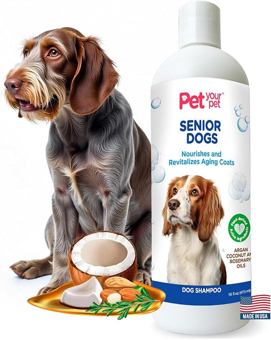 Natural Shampoo for Senior Dogs – Nourishes and Revitalizes Aging Coats with Argan and Coconut Oil for Dry and Sensitive Skin – Hydrating & Soothing Grooming Formula - 16 oz