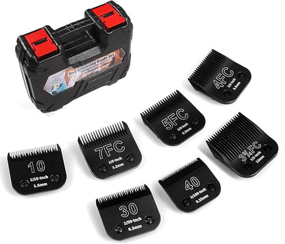 7 Pack Detachable Dog Grooming Steel Blades with Blade case Holder,Compatible with Andis,Oster A5,Wahl KM-10 Series,Cutting Length 1/100" to 1/2"(10+30+40+7FC+5FC+4FC+3-3/4FC-black)