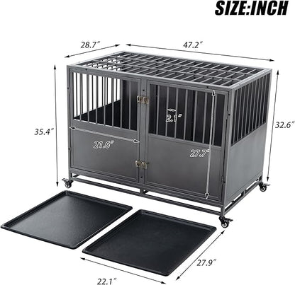48 Inch Heavy-Duty Dog Crate with Double Door Wheels Carbon Steel Escape Dog Cage for Small Medium Large Dogs Silver One Size