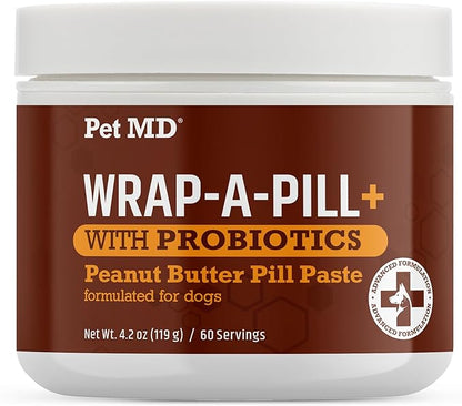 Pet MD Wrap-A-Pill with Dog Probiotics - Pill Wrap for Dogs Medicine - Easy-to-Use Paste to Hide Capsules, Create Pockets and Pill Treats for Dogs - Peanut Butter (4.2oz)