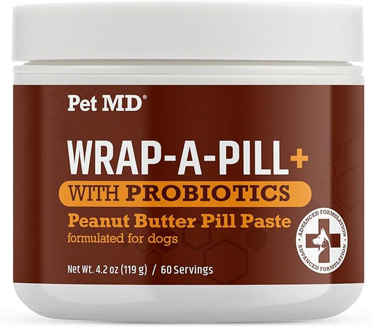 Pet MD Wrap-A-Pill with Dog Probiotics - Pill Wrap for Dogs Medicine - Easy-to-Use Paste to Hide Capsules, Create Pockets and Pill Treats for Dogs - Peanut Butter (4.2oz)