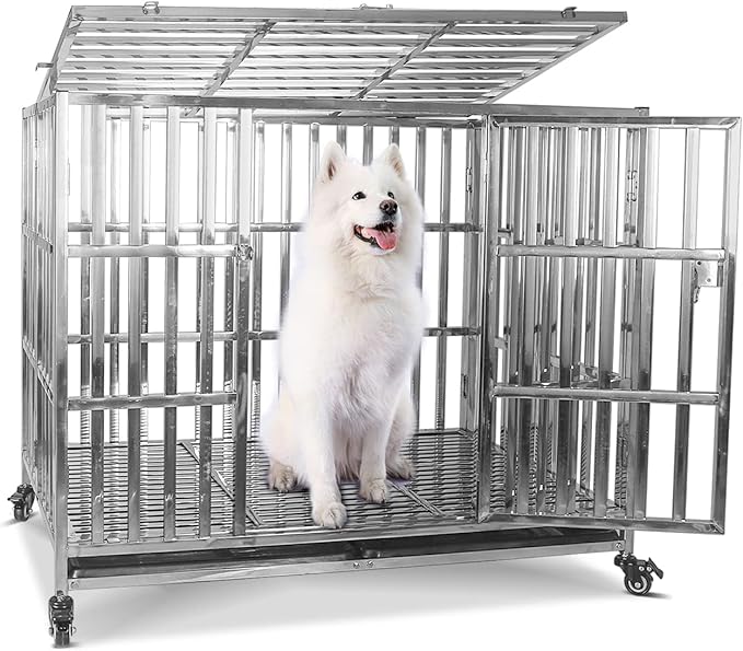 42 Inch Heavy Duty Dog Crates for Large Dogs, Stainless Steel Indestructible Dog Kennel Indoor, XL Large Dog Crate Cage with Lockable Rolling Wheels, Double Door and Removable Tray