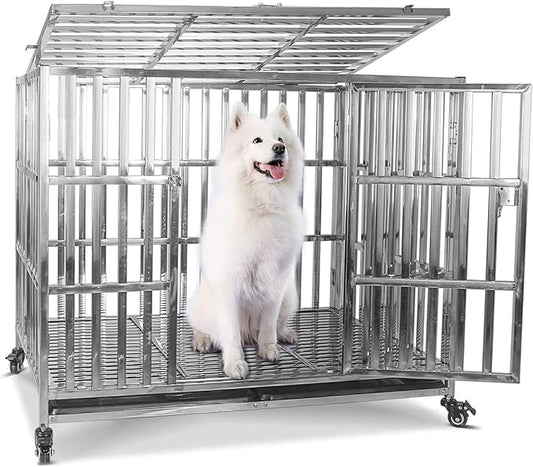 42 Inch Heavy Duty Dog Crates for Large Dogs, Stainless Steel Indestructible Dog Kennel Indoor, XL Large Dog Crate Cage with Lockable Rolling Wheels, Double Door and Removable Tray