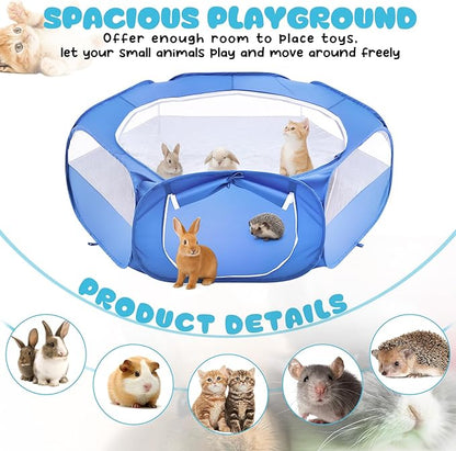 16 Pcs Rabbit Playpen Starter Kit, 47.2" x 47.2" x 15" Waterproof Cage Tent with Ground Nails, Storage Bag, Food Water Bowls, Grooming Tools, Grass Rugs for Bunny, Guinea Pigs, Small Animals
