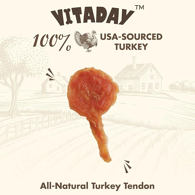 Turkey Tendon for Dogs, Turkey Tendon Lollipop Pack of 4, 100% Natural, USA-Sourced, High-Protein, Low-Fat, Grain Free, Chew, Rawhide Alternative, Hypoallergenic Puppy & Dog Treats