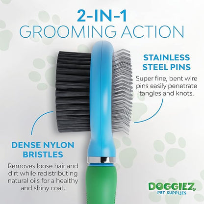 Double Sided Grooming Brush for Dogs & Cats - Pin Slicker Bristle Brush for Long & Short Hair, Puppy Undercoat Grooming
